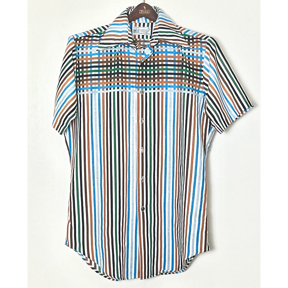 Vintage K-Mart‎ Button Up Shirt Men's Medium Multicolor Striped 1970s Retro